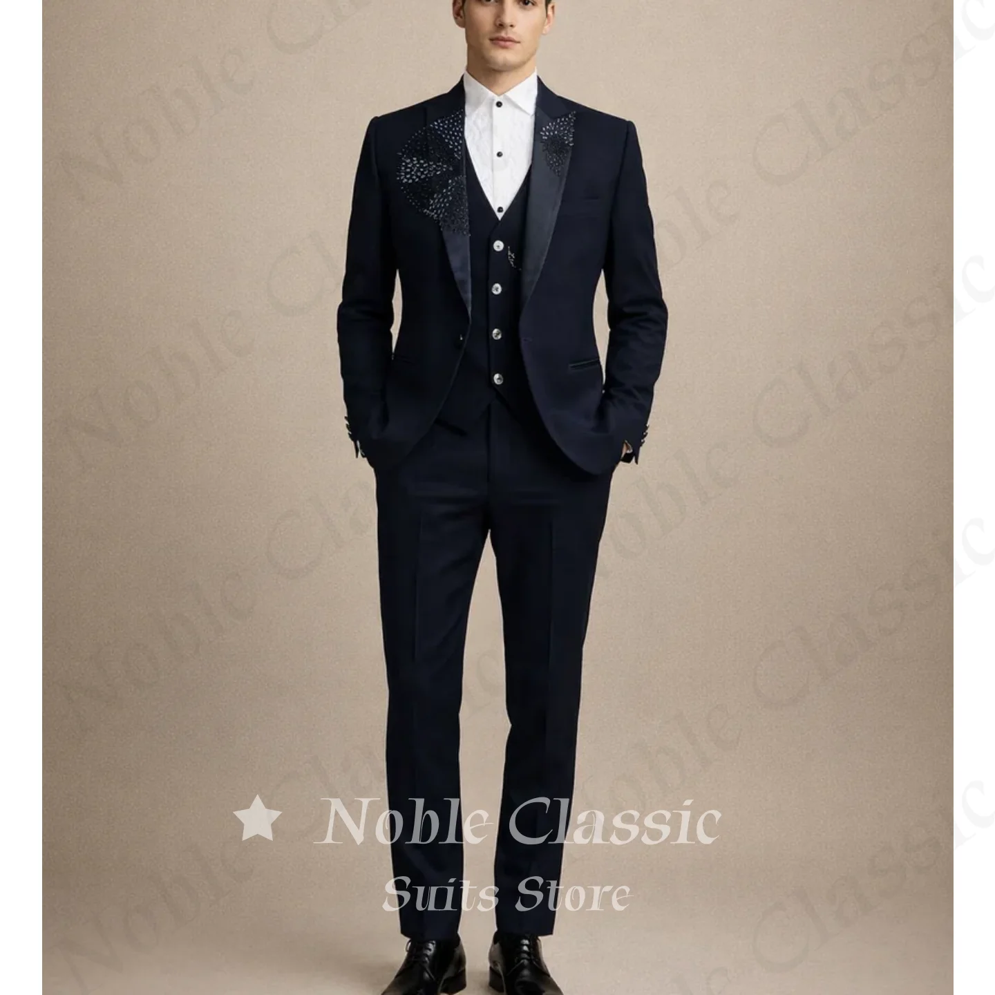 Classic Men's Navy Blue Beaded Embellished Tuxedo 3 Piece Suit Slim Fit Blazer Vest Pants Formal Wedding Guest Customized