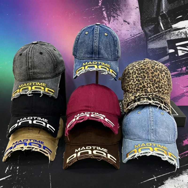 Fashion Denim Broken‑Brim Embroidered Ripped Baseball Cap, Trendy Versatile Washed‑Process Hat for Men and Women Daily Wearing