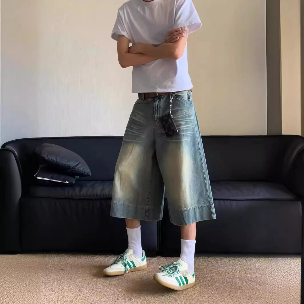 Korean Fashion Summer Wide Leg Denim Shorts Pants for Men High Street Harajuku Baggy Men's Jeans Y2k Hip Hop Streetwear Men