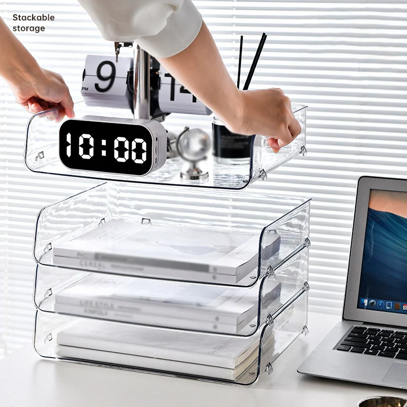 

Desktop File Organizer Stackable Storage Tray Clear Paper Rack Stationery Box Transparent Holder Home Office Magazine Book Shelf