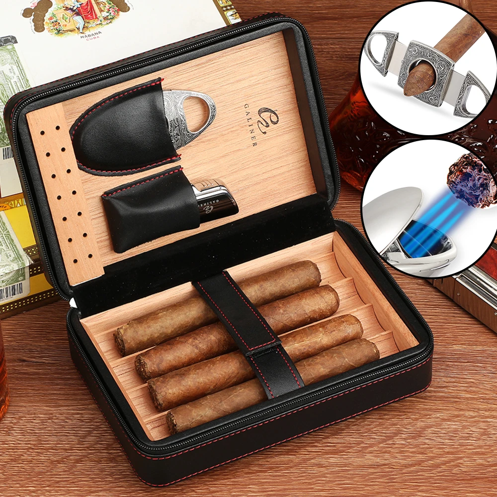 

Galiner Cedar Wood Leather Cigar Humidor Box With Lighter Cigar Cutter Guillotine Portable Travel Cigar Case