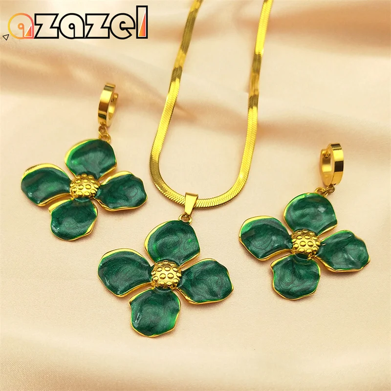 

Exaggerated Big Green Flower Jewelry Set For Women Men Stainless Steel Gold Color Fashion Enamel Necklace Dangle Earrings Set