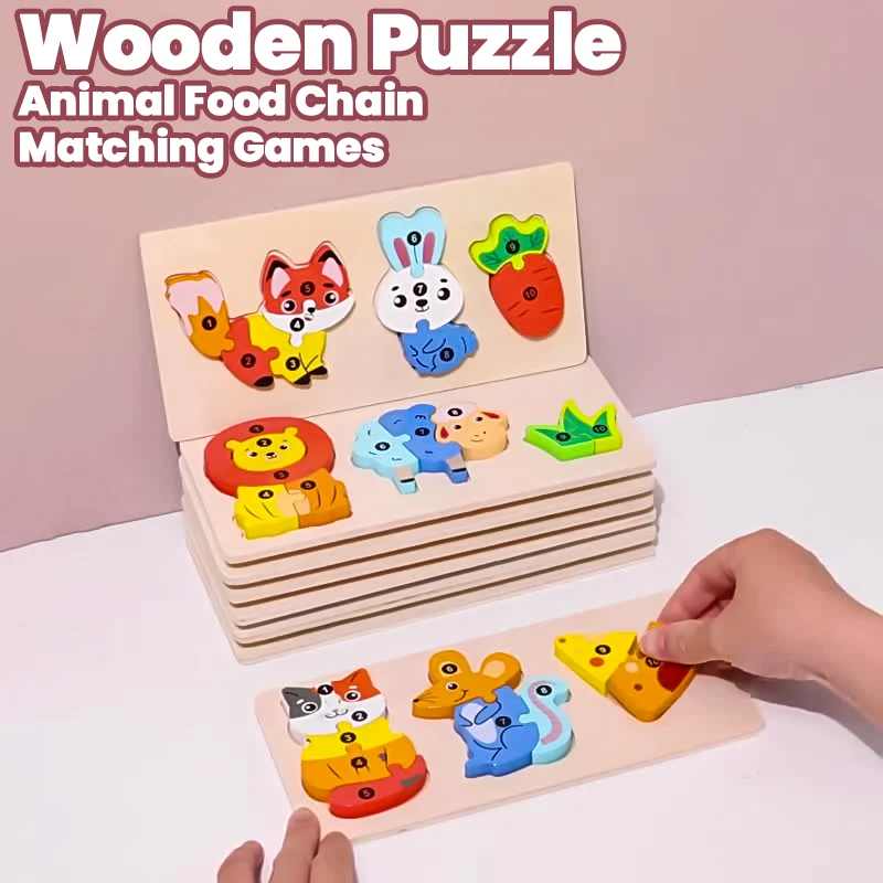 Wooden Puzzle Baby Toys Montessori Animal Food Chain Lion Bear Hand Grab Board Educational Wood Matiching Games Child Gift