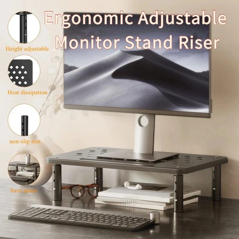 Ergonomic Adjustable Monitor Stand Riser, Telescopic Desk Screen Holder, Office Storage Organizer