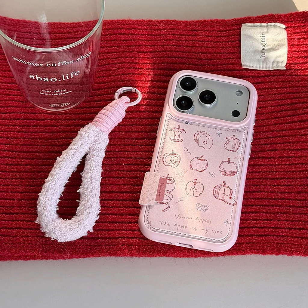 الوردي الجلود الاصطناعية أبل خط الكتابة على الجدران مع الحبل للصدمات واقية غطاء الهاتف آيفون 17 16 15 14 برو ماكس