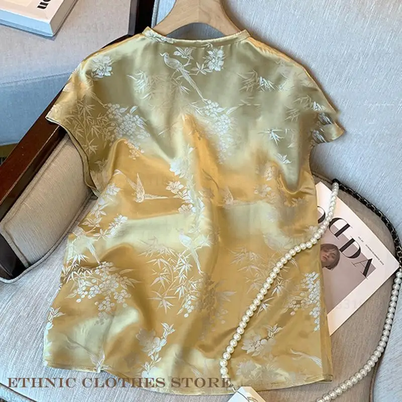 الإناث تانغ نمط بلايز قميص التقليدية الجديدة النمط الصيني شيونغسام تشيباو بلوزة الصيف الحرير الساتان الجاكار قميص بلايز الملابس