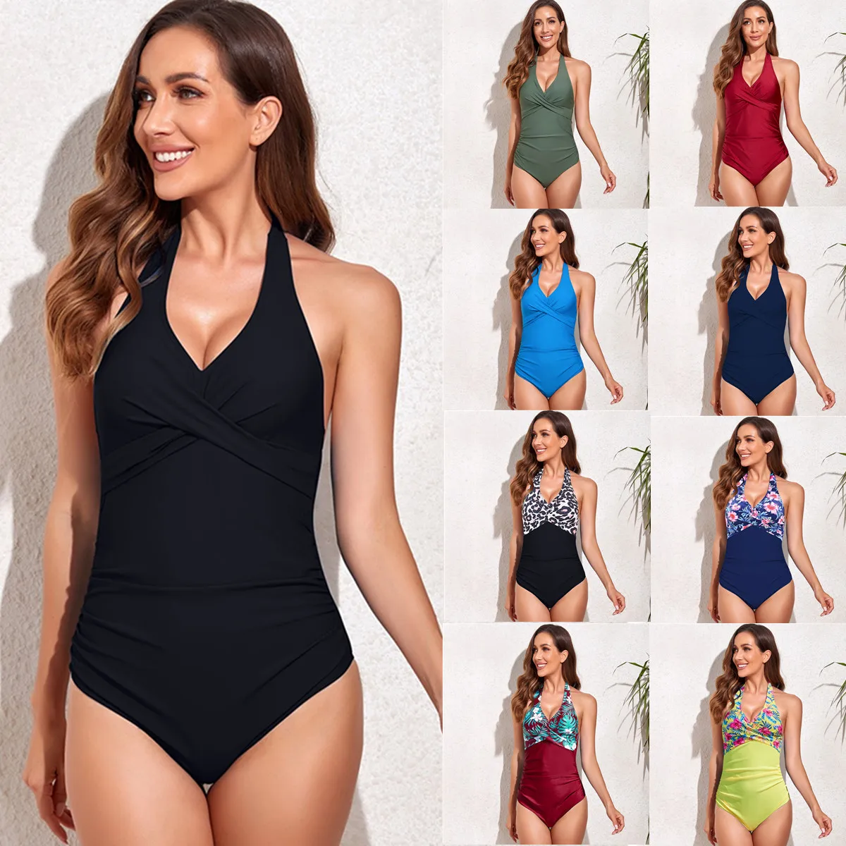 

Floral Deep V-neck Halter One-Piece Swimsuit Sexy Backless Lace Up Women Monokini 2023 Beach Bathing Suits Swimwear Plus Size