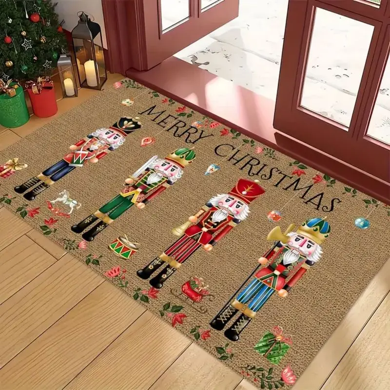 VIKAMA Nutcracker Christmas Floor Mat Easy To Clean Soldier Gift Print Non Slip Absorbent Doormat For Hallway Porch Xmas Decor