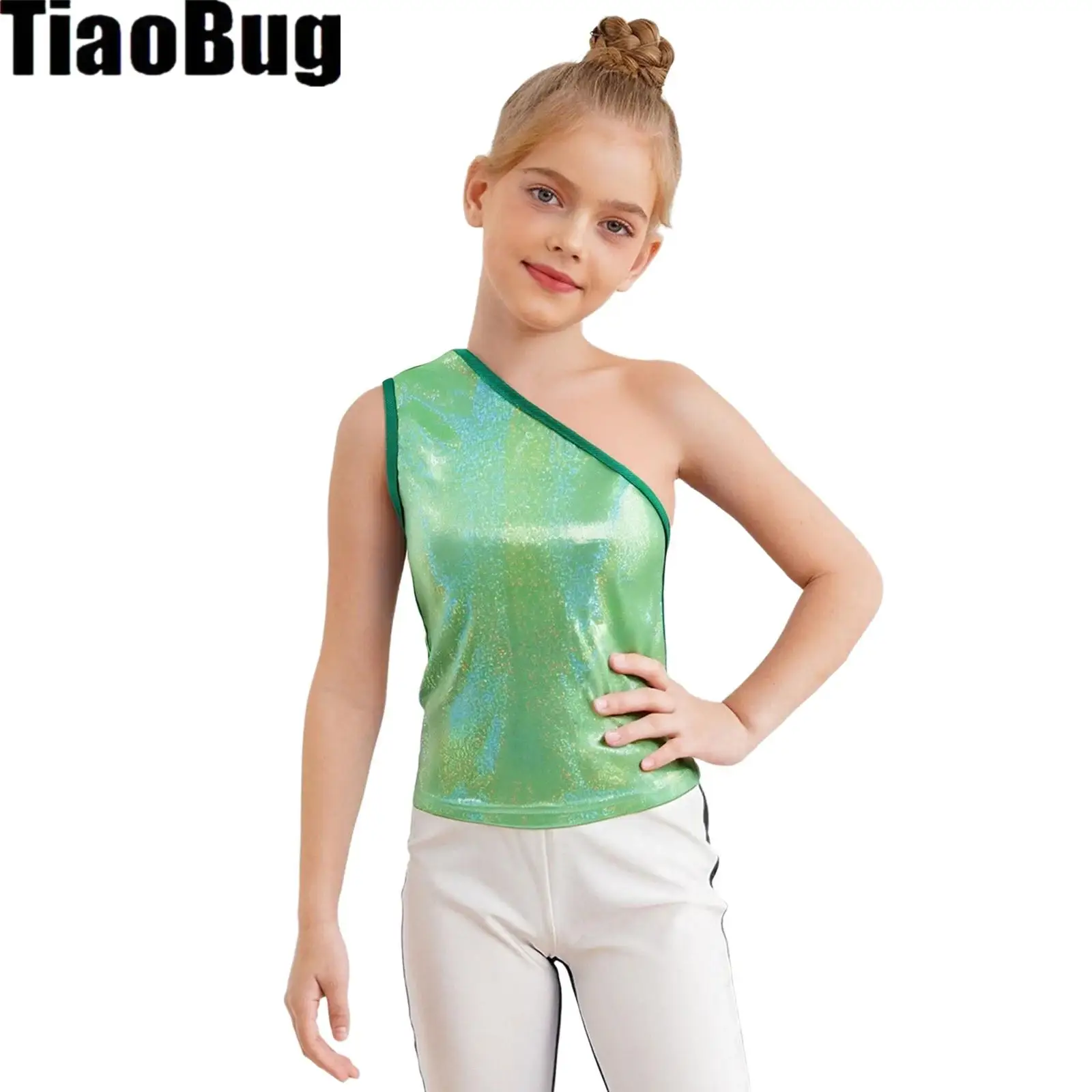 

Kids Girls Metallic Vest Mini Dots Cheerleading Vest One Shoulder Sleeveless Tank Top Jazz Dance Stage Performance Costume