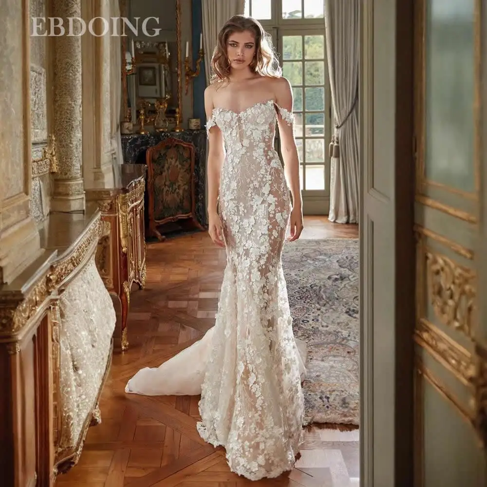 EBDOING Customized Elegant Boat Neck Mermaid Wedding Dress Lace Beaded Court Train Trumpet Bridal Gown
