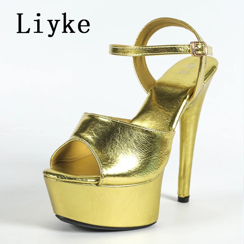 Liyke Sexy Golden Silver High Heels Platform Sandals For Women Summer Fashion Peep Toe Buckle Strap Party Dress Shoes Size 34-43