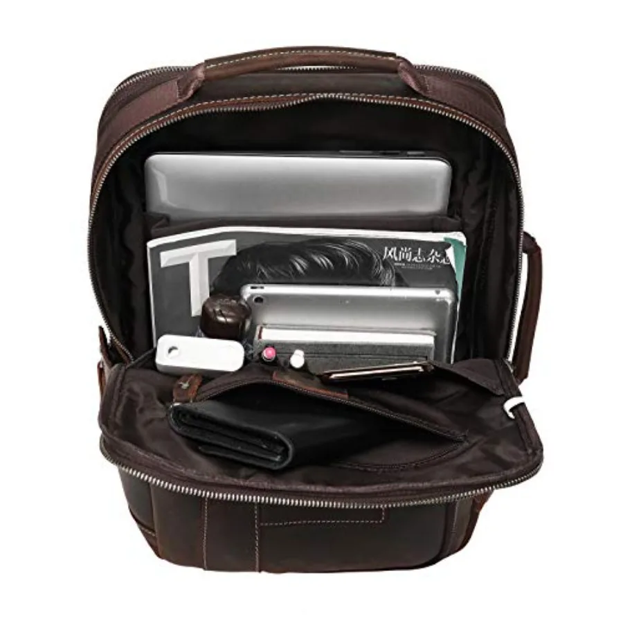 LANNSYNE Men's Full Grain Leather Expandable 15.6 Laptop Backpack Tote Shoulder Travel Bag Rucksack