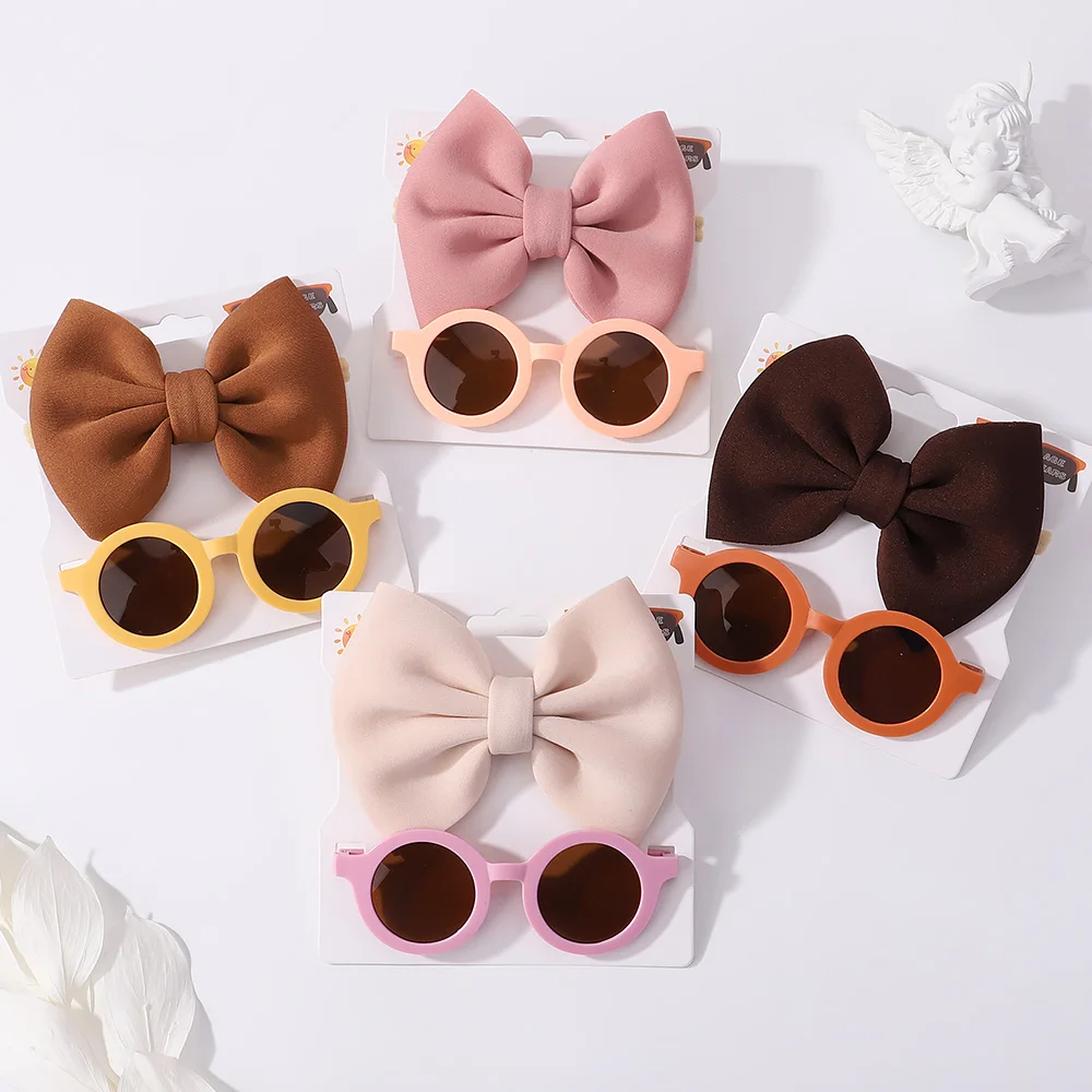 2Pcs Kids Sunglasses Headband Set Baby Unglasses Elastic Nylon Headband Bohemia Beach Seaside Sun Glasses Kids Bow Headwear