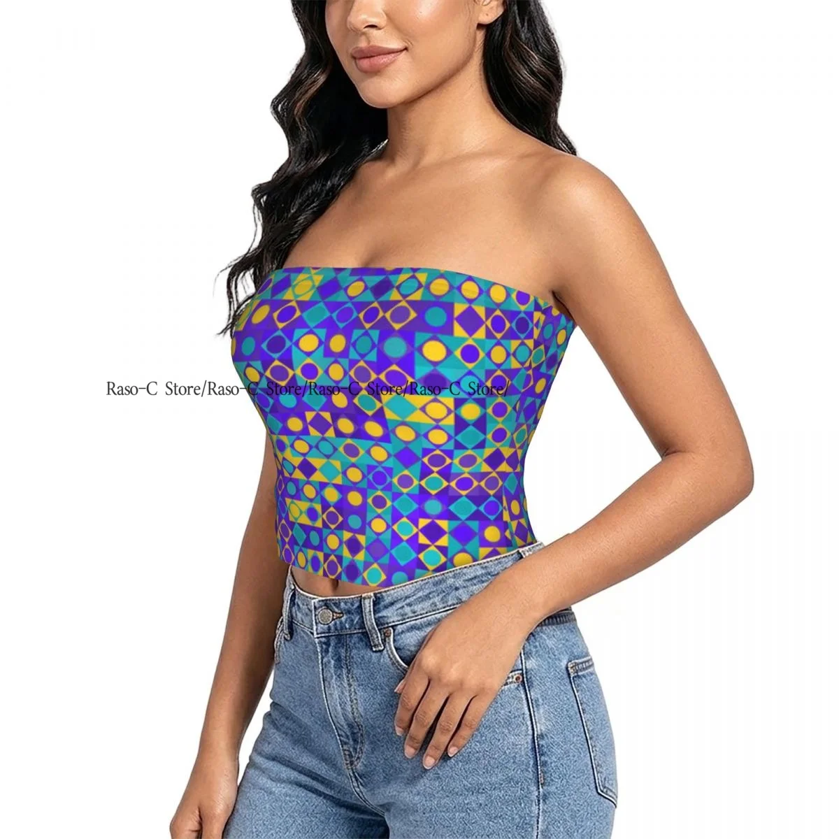 Women Block Crop Slim Tube Top Circles Squares And Triangles Mosaic With Dots Strapless Top For Summer Female Clothing