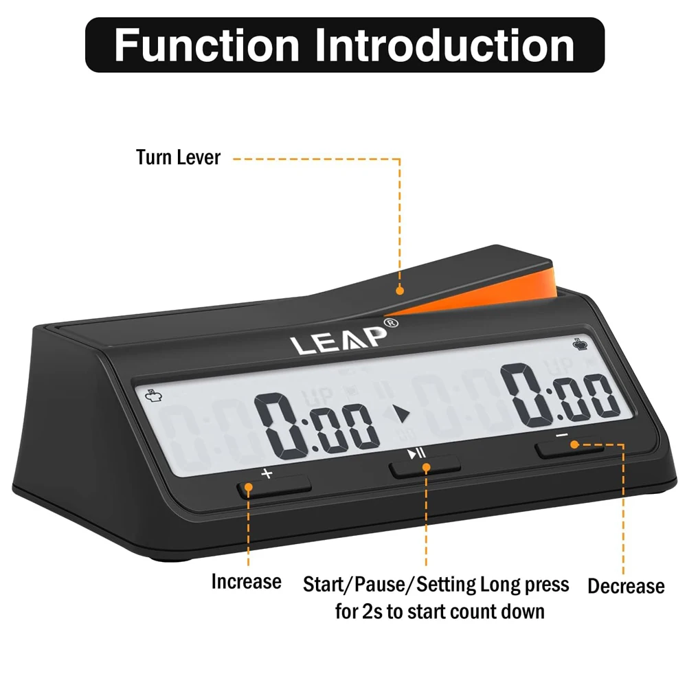 LEAP PQ9917 ساعة الشطرنج الرقمية لعبة الشطرنج ومؤقت الشطرنج مع مكافأة وتأخير العد التنازلي إنذار أسود/برتقالي #5