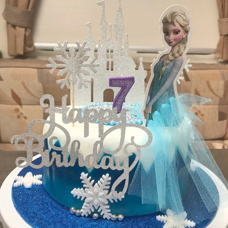 ديكورات كعكة الأميرات من ديزني للفتيات ، أغطية كب كيك ، علم مجمد ، لوازم عيد ميلاد سعيد ، ديكور استحمام الطفل
