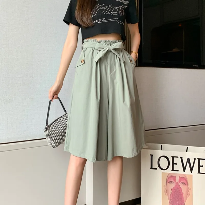 Solid Shorts Women Summer College Simple Daily Leisure High Street Wide Leg Cozy Ulzzang Elastic Waist Pockets Fashion Slim Chic