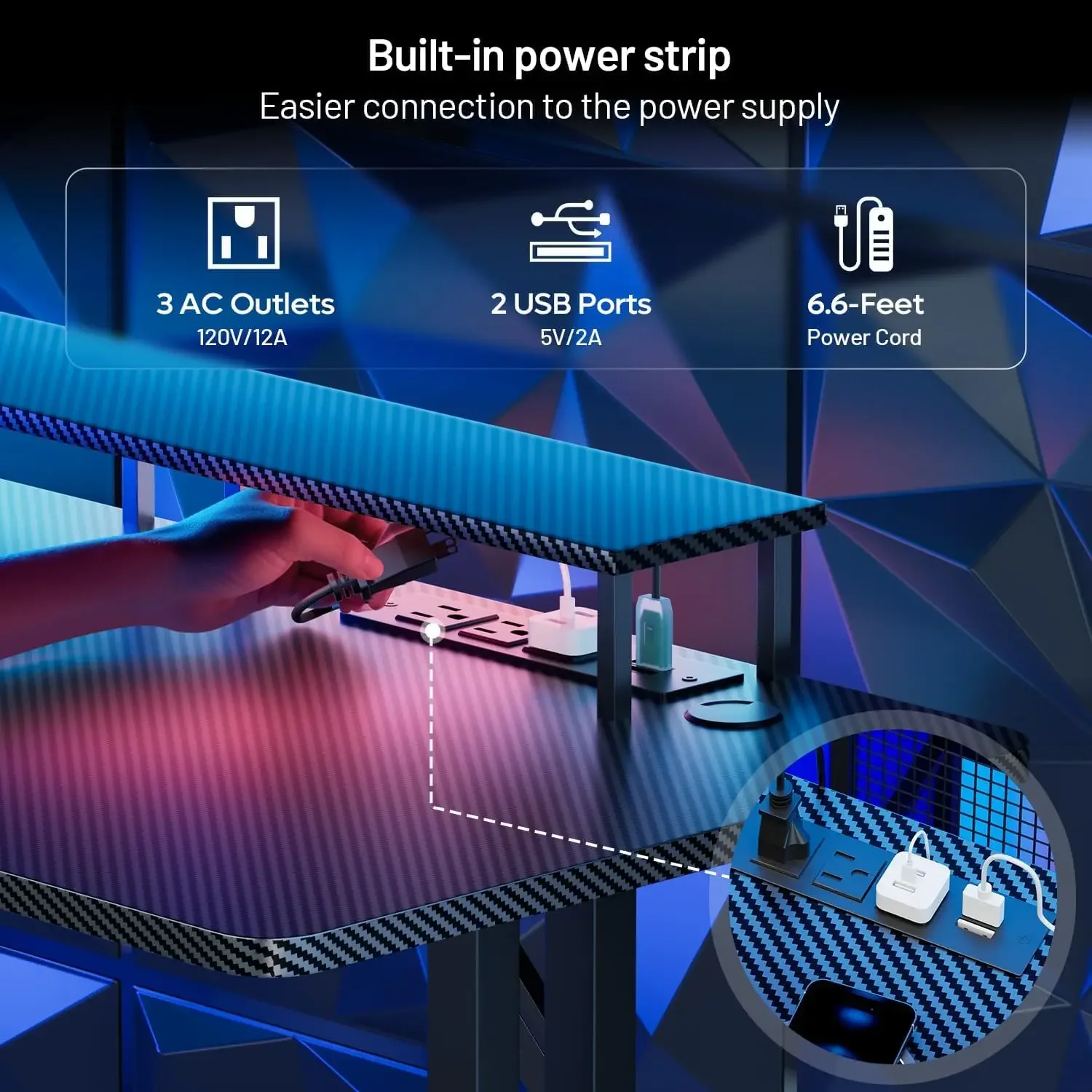55 Inch Gaming Desk with LED Lights & Power Outlet, Computer Gamer Desk with Monitor Stand, Ergonomic Carbon Fiber