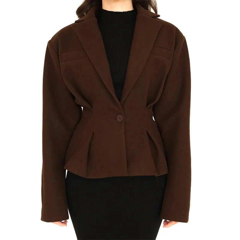 

2026 Spring New Style Pure Color Suit Collar Waist Cinching Cardigan Long Sleeve Short Length Elegant