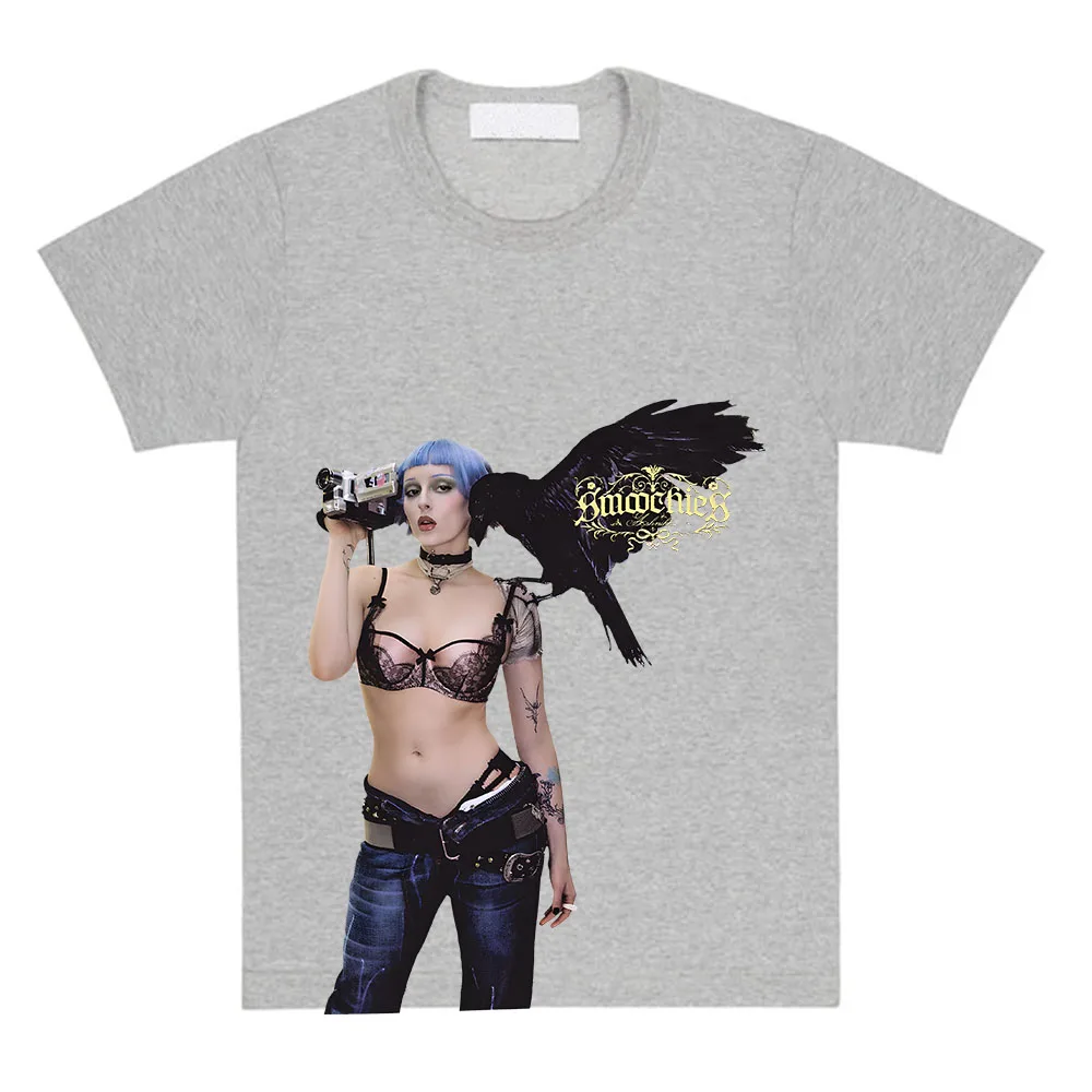 그래픽 인쇄 SMOOCHIES CROW TEE Ashnikko 가수 티셔츠 반팔 루즈 코튼 여성 티셔츠 유니섹스 스트리트웨어 여성 탑
