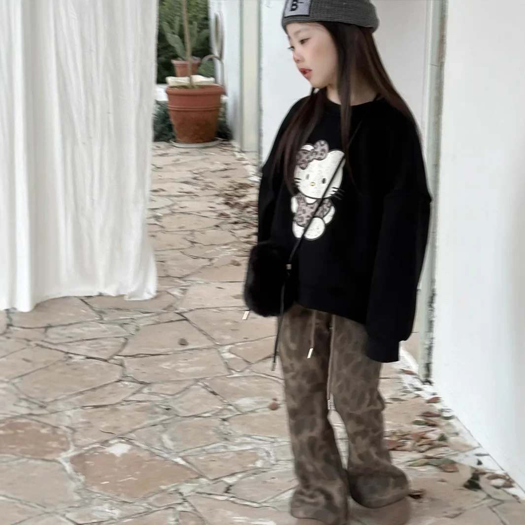 Childrens Pants Winter New Korean Fashion with Velvet Camouflage Leopard Print Casual Micro Flared Pants Kids Clothes