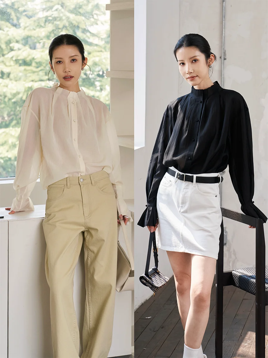 

Женская блузка JXu nt Luxury с длинным рукавом и круглым вырезом из микропрозрачного шелкового бленда, цвет светло-персиковый, для офиса/повседневной носки