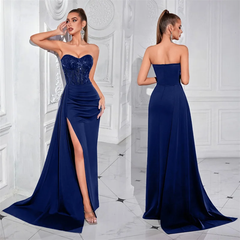 Sexy Mermaid Slit Draped Satin Lace Strapless Evening Bridesmaid Dresses Wedding Party Formal Prom Birthday Floor Length