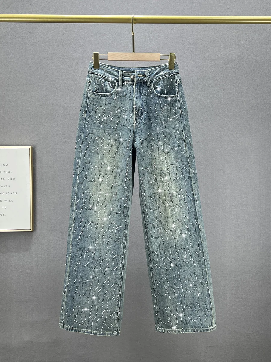 

Модные женские джинсы с высокой талией и широкими штанинами, расшитые стразами, в пол, с вышивкой, весенняя коллекция, свободный крой, стройнящие
