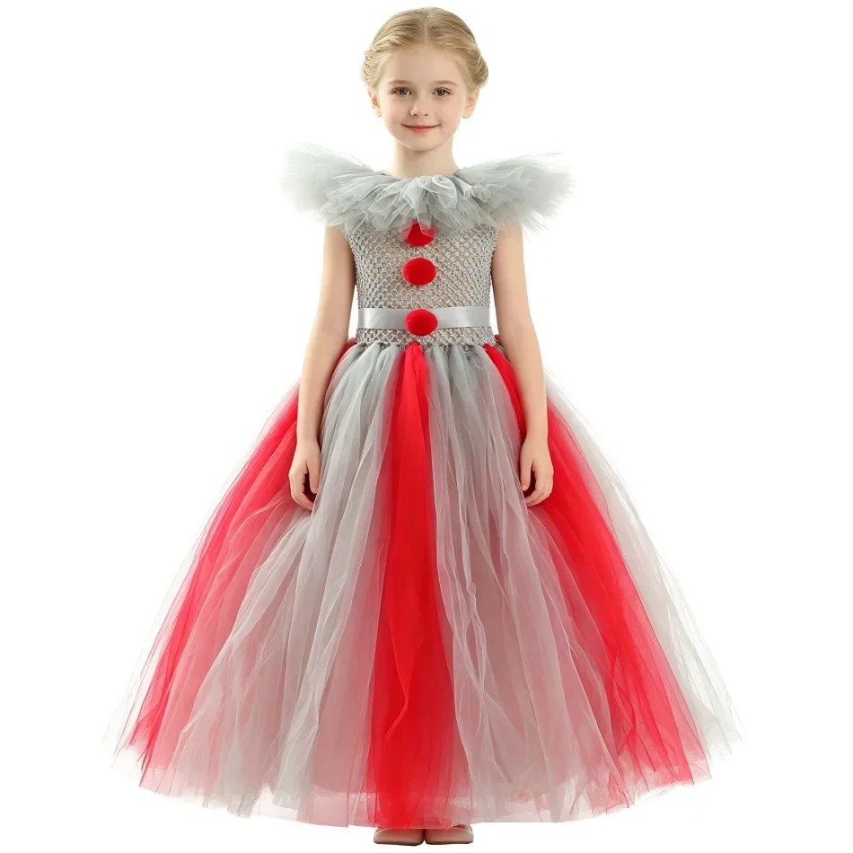 Girls Long Spooky Gorgeous Clown Tutu Dress Grey Red Contrast Tulle Maxi Dress Halloween Cosplay Stage Party Fancy Dress ZZ12