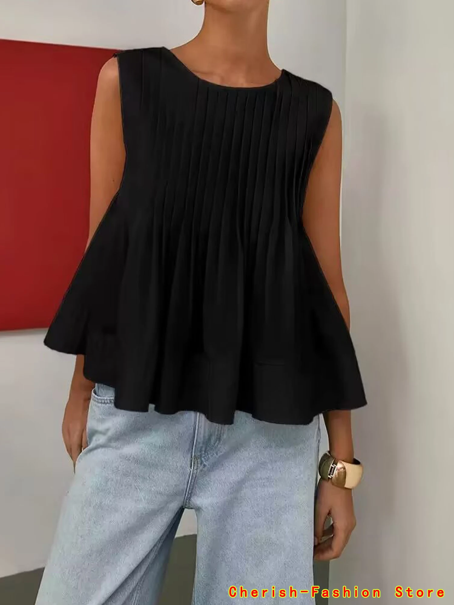 Zomer Nieuw Ontwerp Zoete Pure Kleur Geplooid Mouwloos Pop Shirt Vest Top Dames Koreaanse Sle Straight Cut Pendelmode Geel
