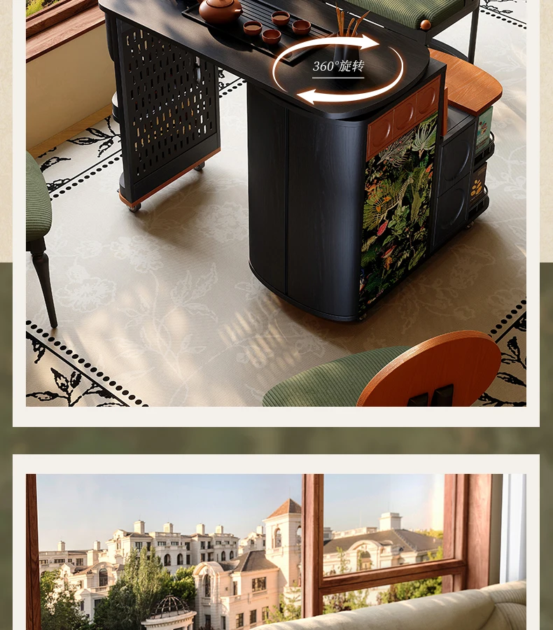 Tea table kettle integrated French medieval balcony household tea cart movable rotating solid wood tea table