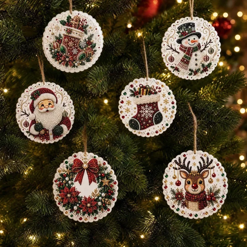 6 Stück Weihnachts-Rundanhänger 5D Diamant-Malerei-Set Ornamente DIY Strass-Anhänger Weihnachtsmann Schneemann Weihnachtsbaum-Anhänger – Detail 8