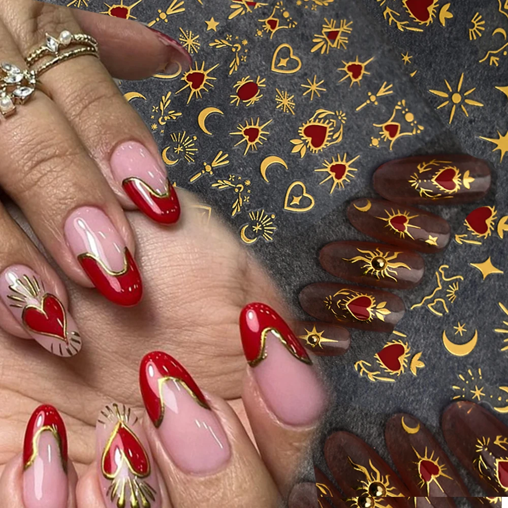3D Valentine's Day Bronzing Gold Red Heart Nail Sticker y2k Holographic Bronzing Star/Moon/Heart Slider Adhesive Red Heart Decal