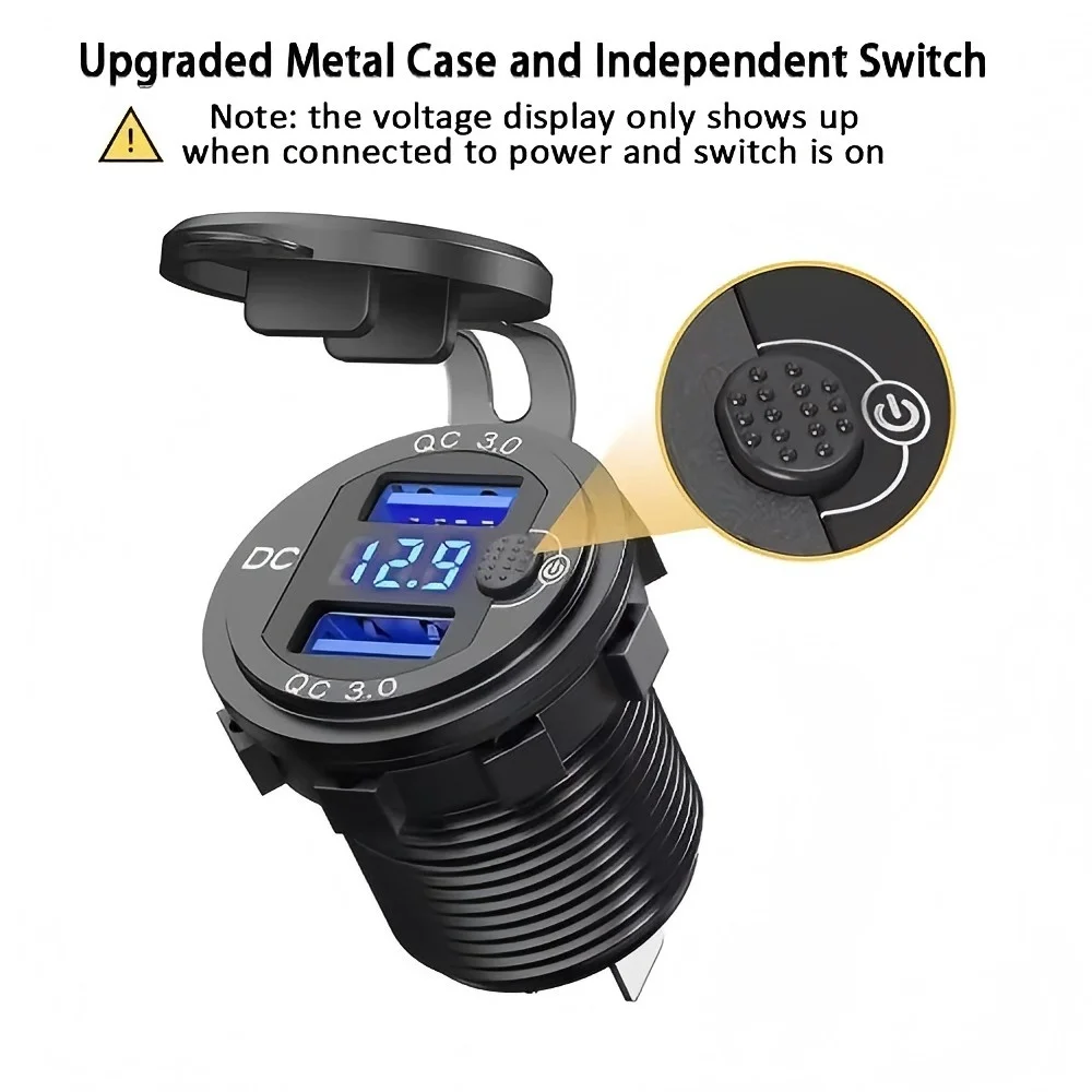 Upgraded 83W USB C Car Charger 65W PD QC 3.0 Adapter Voltmeter 12V/24V Power Outlet For Marine Motorcycle RV ABS Material 3A
