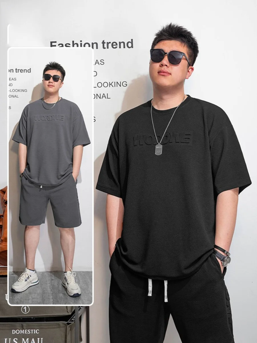 

plus Size Men's Casual Loose ort Sve T-irt And orts Set Summer Faion Brand Polyester And Spandex Blend Comfortable...