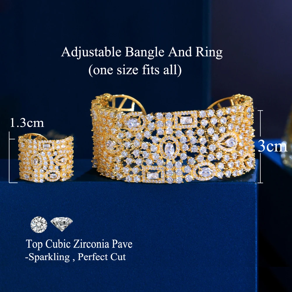 BeaQueen Luxury Shiny CZ Crystal Big Wide Adjustable Open Bangle Ring Sets for Women Gold Color Wedding Engagement Jewelry JS218