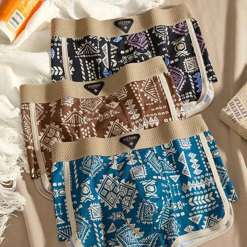 

3piece Men's Boxer Shorts Retro Bohemian Style Mid Waist Underwear Comfortable Breathable Soft Boxer Shorts Asian Size