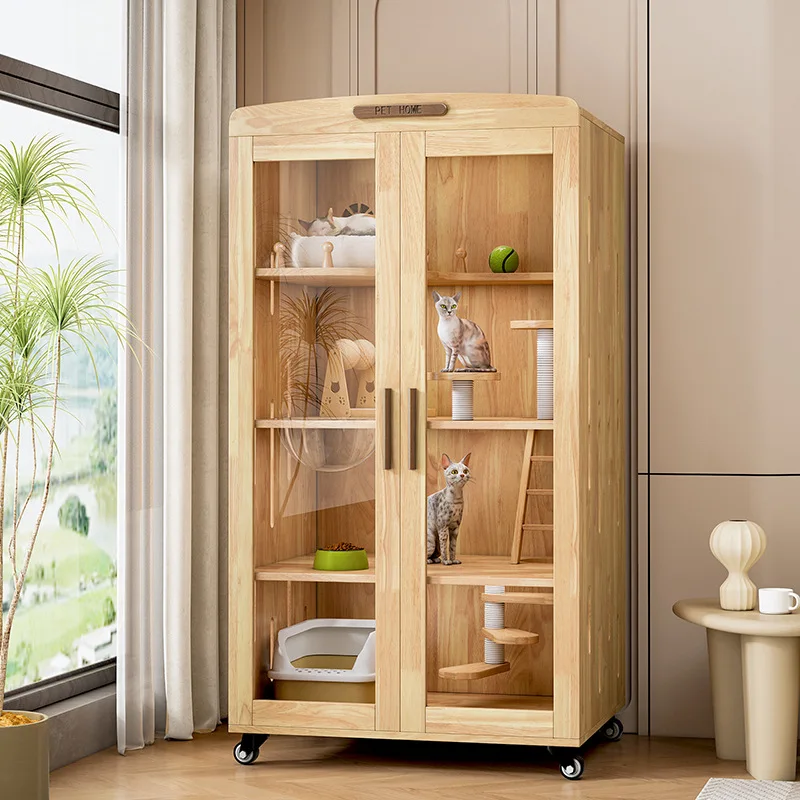 

Solid wood pet cat villa household indoor with toilet cat house cat three-layer house cage litter box