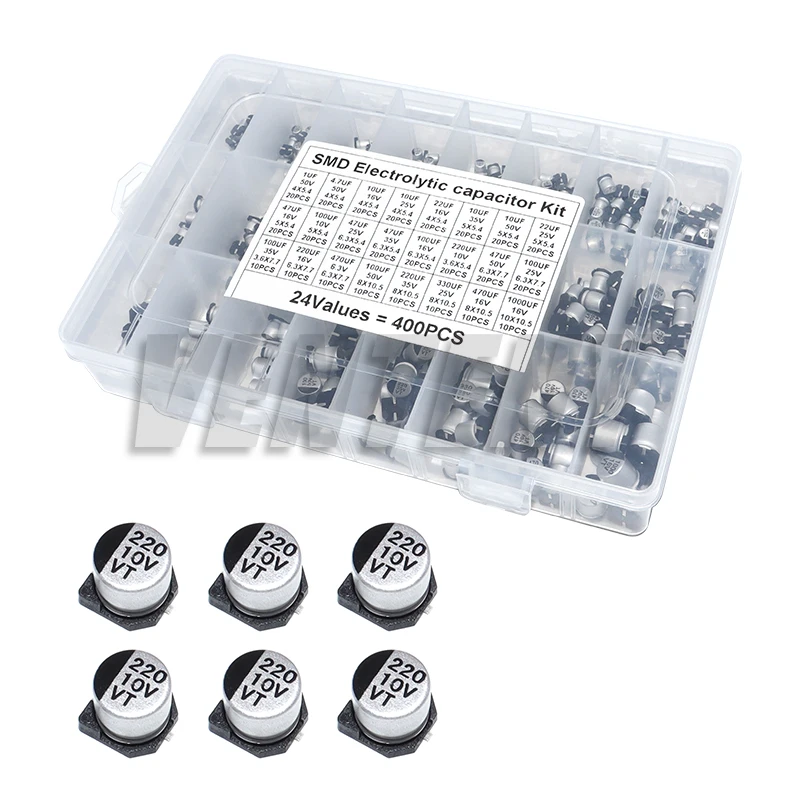 

Набор конденсаторов 400 шт., алюминиевые электролитические SMD-конденсаторы 1 мкФ~1000 мкФ, 6.3В-50В, 24 номинала, с коробкой, комплект для ремонта
