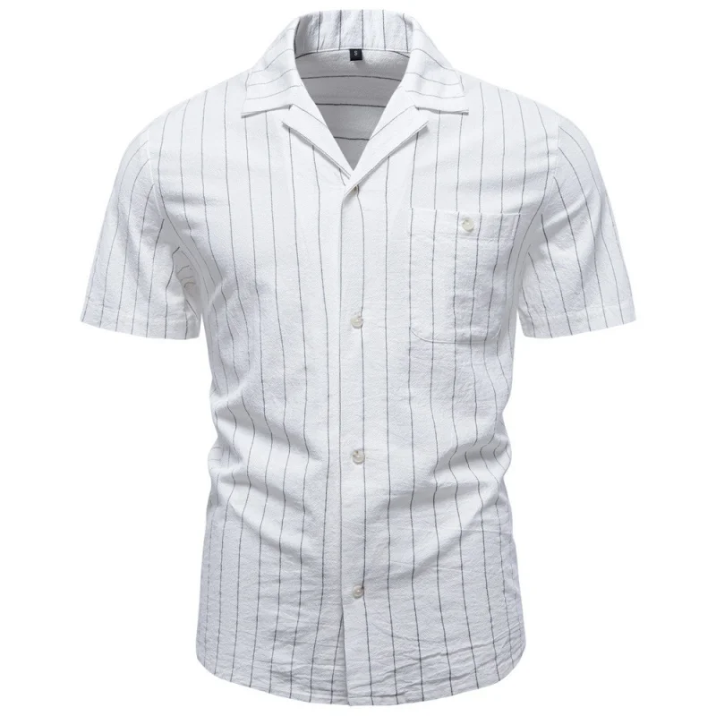 Men's summer fashion striped short-sleeved shirt, casual buttoned camping shirt with pocket design, suitable for business trips.