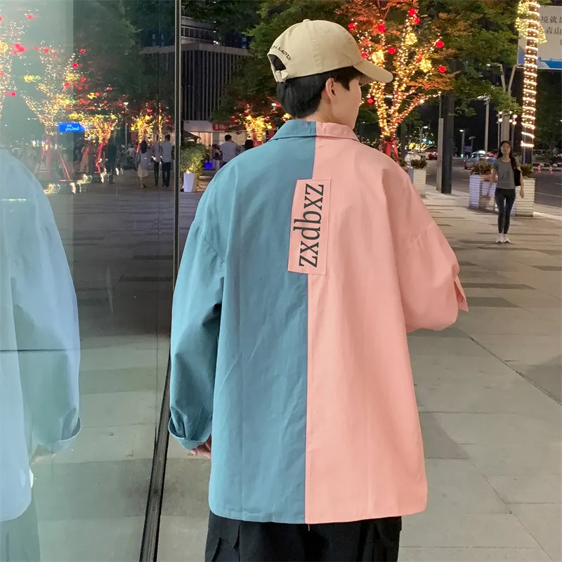 Loose Long Sleeve Men's Shirt Spring Autumn Trendy Color Block Couple's Casual Base Layer Shirt Youth Fashion Sharp Collar