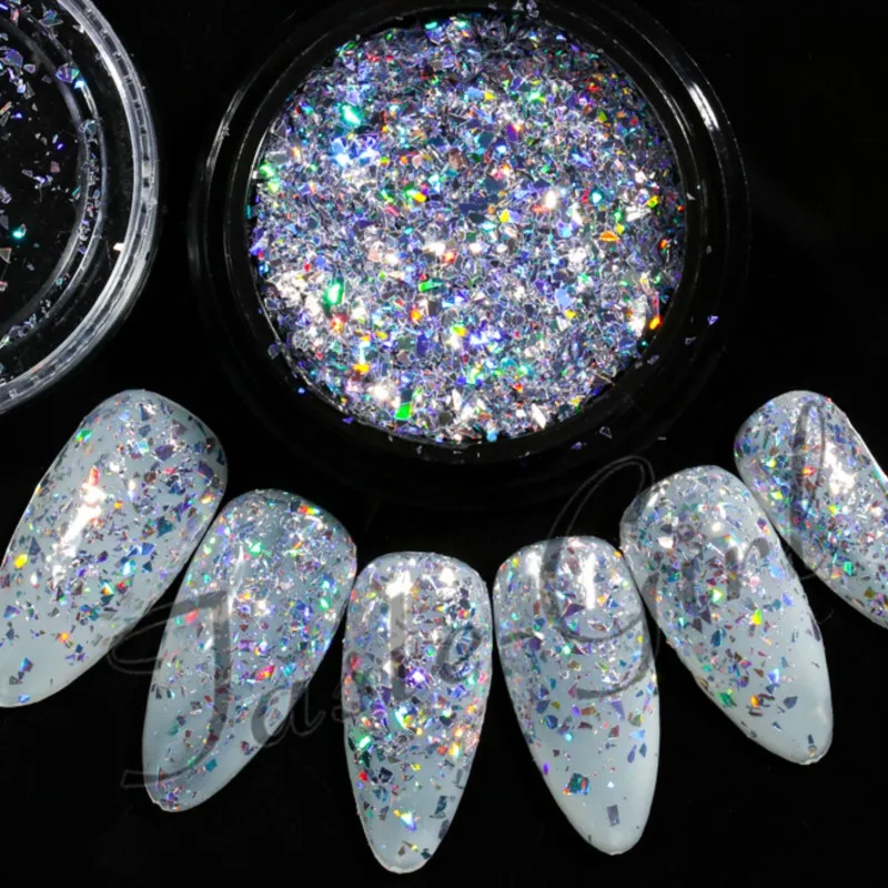 1 pot Holo Nail Flakies Sequins 0.5g Laser silver Holographic Powder  Irregular Paillette DIY Nail Art Decoration Supplies tool