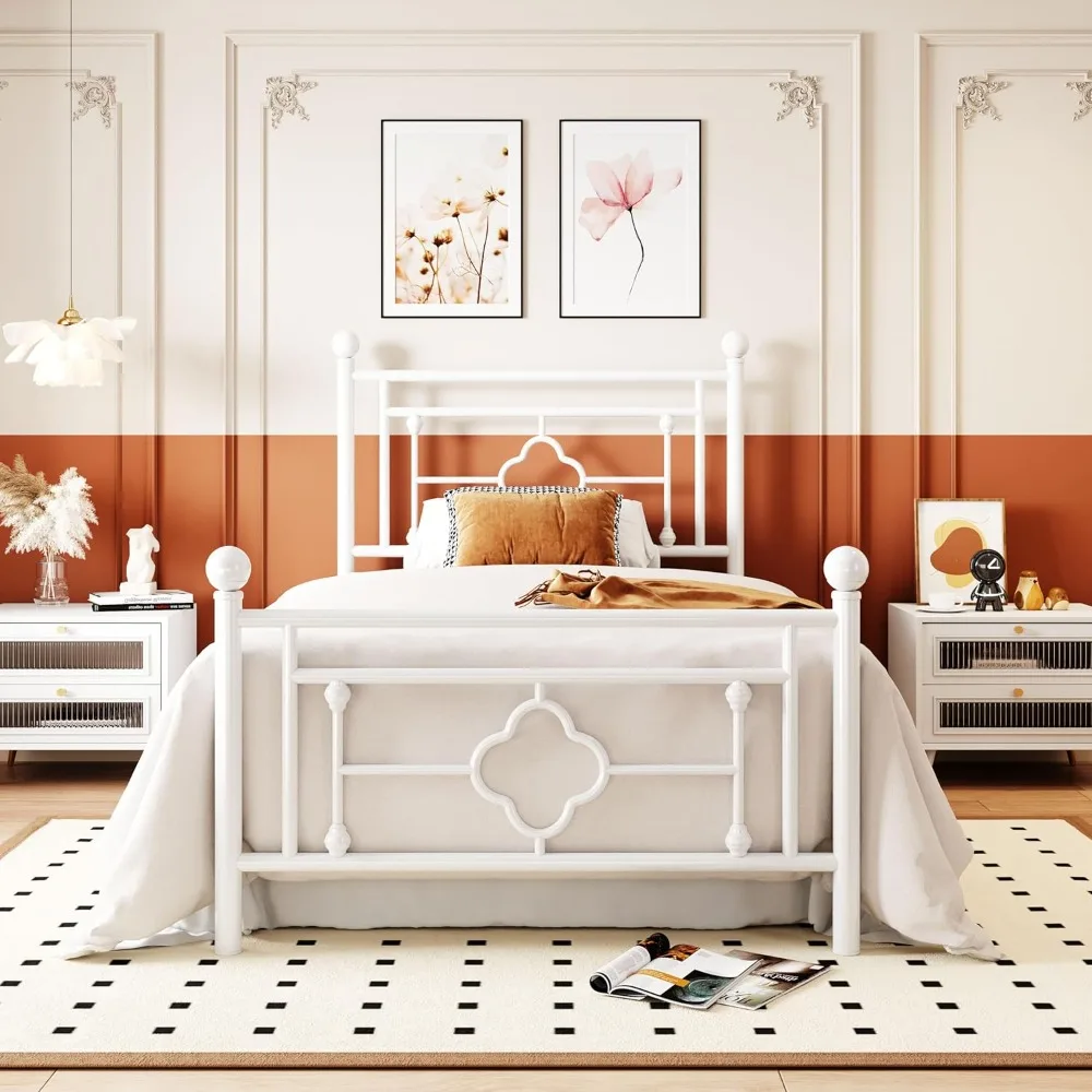 Allewie Twin Size Metal Platform Bed Frame with Victorian Vintage Headboard and Footboard/Mattress Foundation/Under Bed Storage/