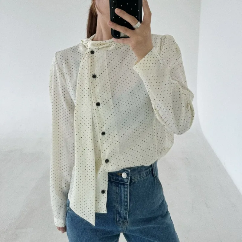 Women's Autumn Polka Dot Blouse Side Oblique Buttons Ribbon Collar Shirts Full Sleeve Elegant Tops Female 2024