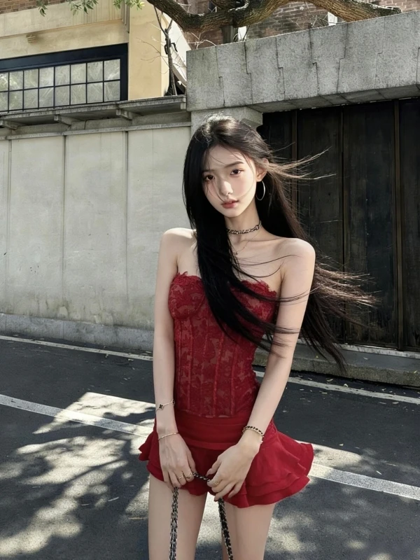

Sexy Lace Crop Top And Puffy Skirt Set for Women High Waist Summer Fashion Two-Piece Suit Red Color Breathable Comfortable Ma...