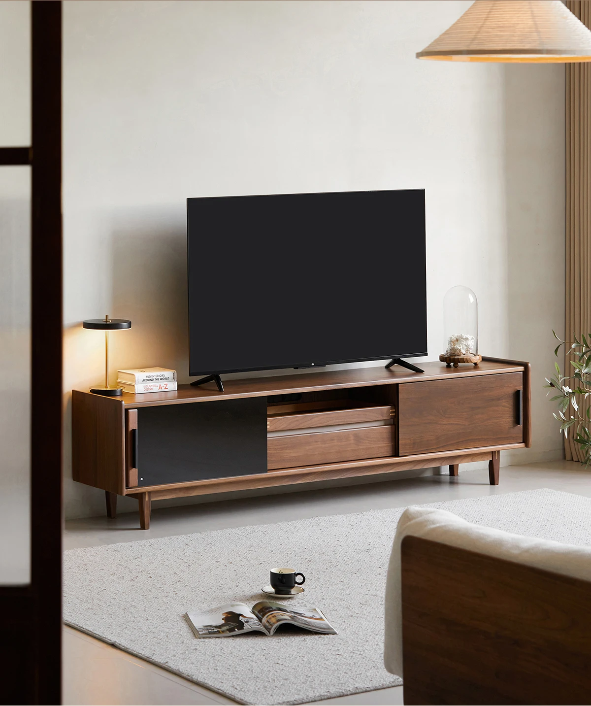 

Nordic all-solid wood TV cabinet, living room coffee table combination, black walnut multi-functional storage floor cabinet