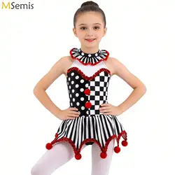 Girls Octopus Clown Joker Medieval Circus Clown Cosplay Costume Plaid Polka Dots Sequin Pompoms Adorned Jester Tutu Dance Dress