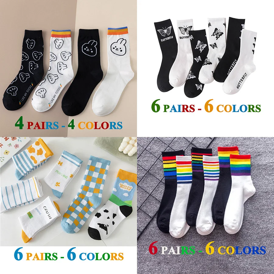 4 paare/los süße Socken Frauen lange Baumwolle lässig lustige Kaninchen Muster kreative Mädchen Cartoon schwarz weiß Mittel rohr Socke Geschenke