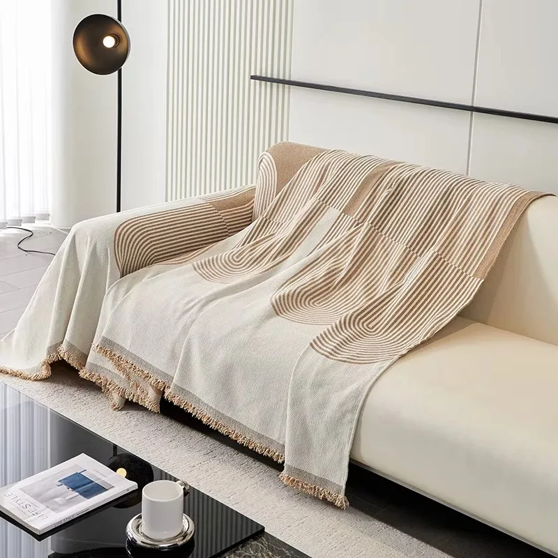 Chenille Sofa Throw, Geometric Lines Tassel Design, Universal Soft Multifunctional Couch Blanket Sofa Protective Cover