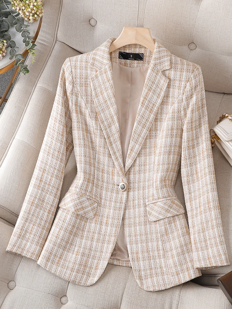 New Arrival Office Ladies Blazer Formal Jacket Women Long Sleeve Blue Apricot Plaid Female Business Work Wear Slim Coat